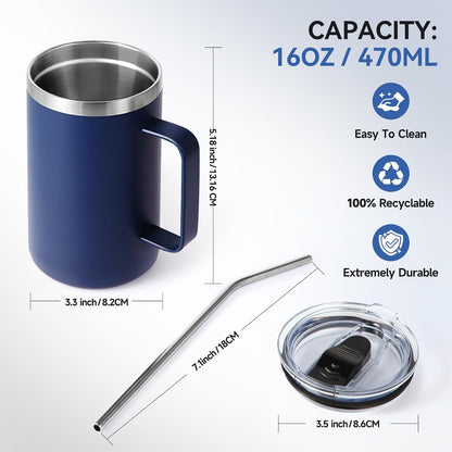 Volhoply 16oz Insulated Coffee Mug with Lid and Straw, Stainless Steel Travel Mugs with Handle, Double Wall Vacuum Leak Proof Coffee Tumbler Cup (White,1)