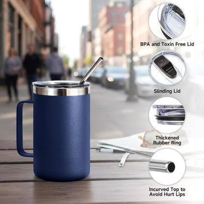 Volhoply 16oz Insulated Coffee Mug with Lid and Straw, Stainless Steel Travel Mugs with Handle, Double Wall Vacuum Leak Proof Coffee Tumbler Cup (White,1)