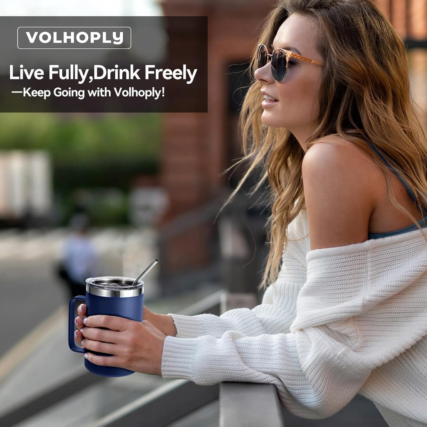 Volhoply 16oz Insulated Coffee Mug with Lid and Straw, Stainless Steel Travel Mugs with Handle, Double Wall Vacuum Leak Proof Coffee Tumbler Cup (White,1)