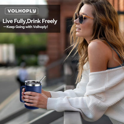 Volhoply 16oz Insulated Coffee Mug with Lid and Straw, Stainless Steel Travel Mugs with Handle, Double Wall Vacuum Leak Proof Coffee Tumbler Cup (White,1)