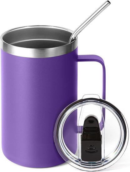Volhoply 16oz Insulated Coffee Mug with Lid and Straw, Stainless Steel Travel Mugs with Handle, Double Wall Vacuum Leak Proof Coffee Tumbler Cup (White,1)