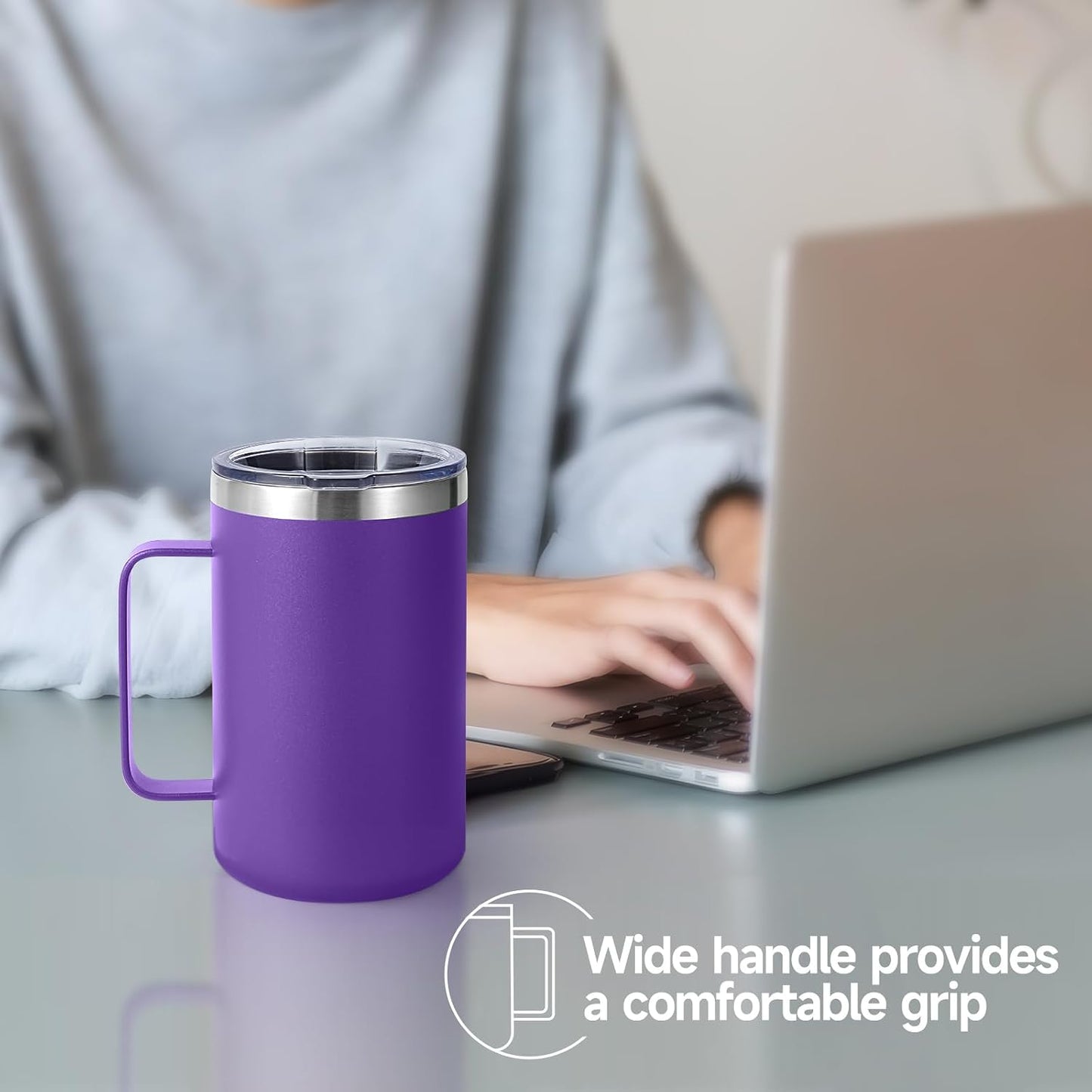 Volhoply 16oz Insulated Coffee Mug with Lid and Straw, Stainless Steel Travel Mugs with Handle, Double Wall Vacuum Leak Proof Coffee Tumbler Cup (White,1)