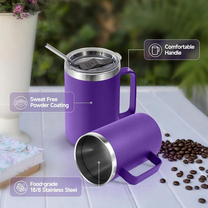 Volhoply 16oz Insulated Coffee Mug with Lid and Straw, Stainless Steel Travel Mugs with Handle, Double Wall Vacuum Leak Proof Coffee Tumbler Cup (White,1)