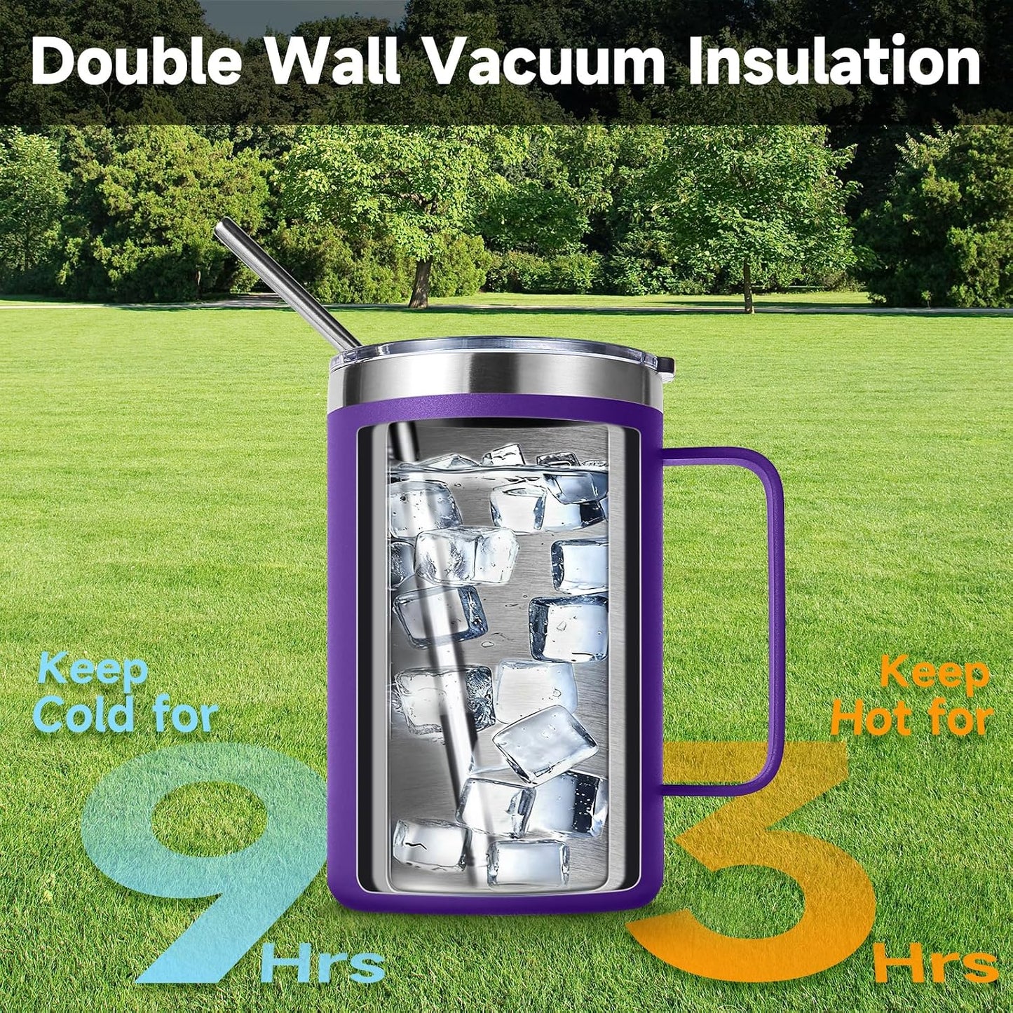 Volhoply 16oz Insulated Coffee Mug with Lid and Straw, Stainless Steel Travel Mugs with Handle, Double Wall Vacuum Leak Proof Coffee Tumbler Cup (White,1)