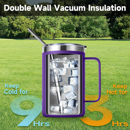 Volhoply 16oz Insulated Coffee Mug with Lid and Straw, Stainless Steel Travel Mugs with Handle, Double Wall Vacuum Leak Proof Coffee Tumbler Cup (White,1)