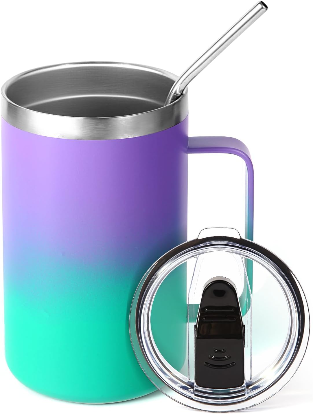 Volhoply 16oz Insulated Coffee Mug with Lid and Straw, Stainless Steel Travel Mugs with Handle, Double Wall Vacuum Leak Proof Coffee Tumbler Cup (White,1)