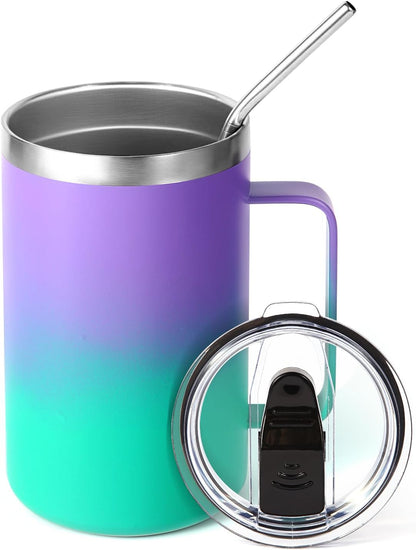 Volhoply 16oz Insulated Coffee Mug with Lid and Straw, Stainless Steel Travel Mugs with Handle, Double Wall Vacuum Leak Proof Coffee Tumbler Cup (White,1)
