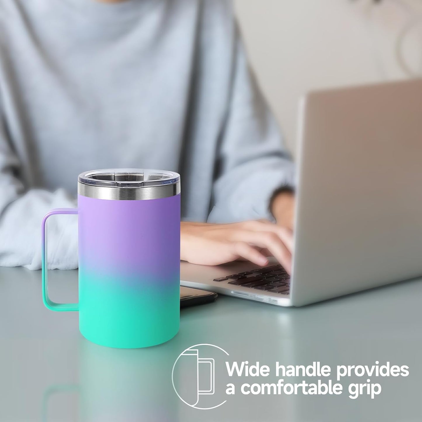 Volhoply 16oz Insulated Coffee Mug with Lid and Straw, Stainless Steel Travel Mugs with Handle, Double Wall Vacuum Leak Proof Coffee Tumbler Cup (White,1)