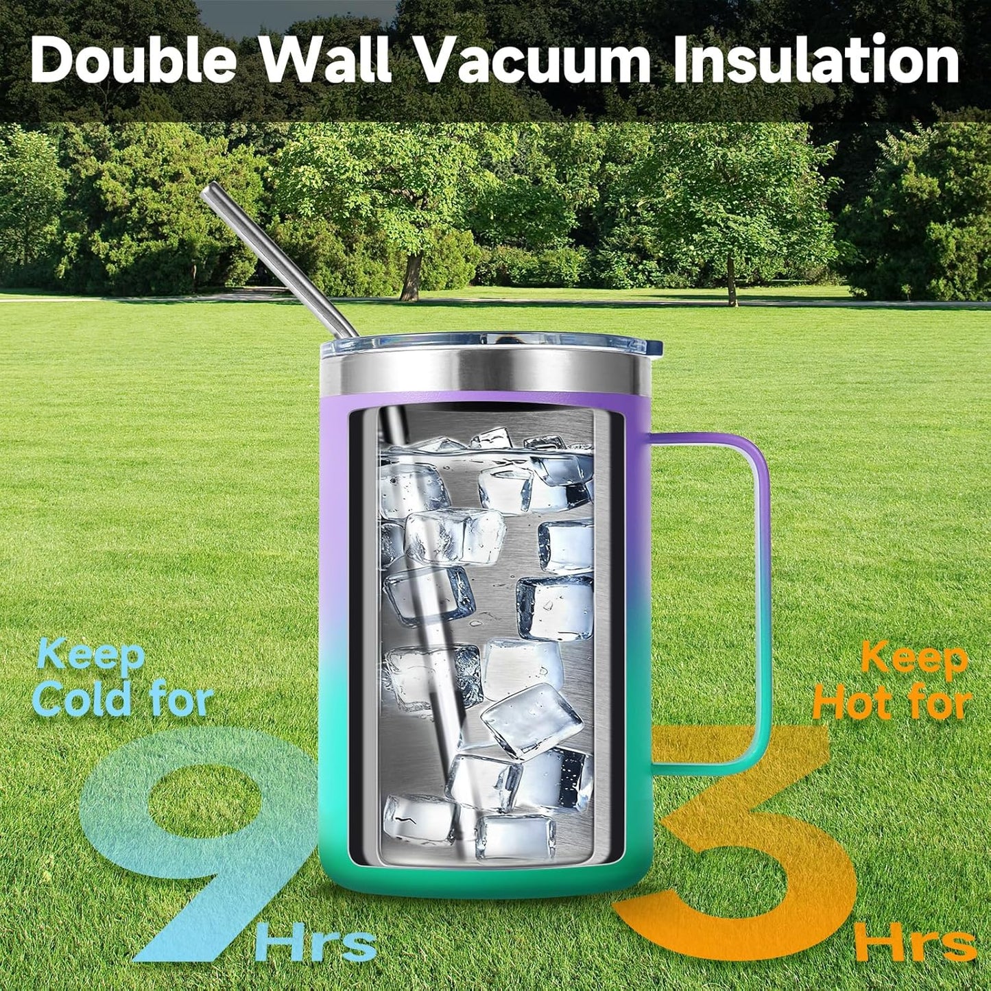 Volhoply 16oz Insulated Coffee Mug with Lid and Straw, Stainless Steel Travel Mugs with Handle, Double Wall Vacuum Leak Proof Coffee Tumbler Cup (White,1)