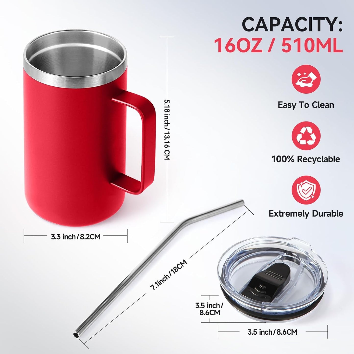 Volhoply 16oz Insulated Coffee Mug with Lid and Straw, Stainless Steel Travel Mugs with Handle, Double Wall Vacuum Leak Proof Coffee Tumbler Cup (White,1)