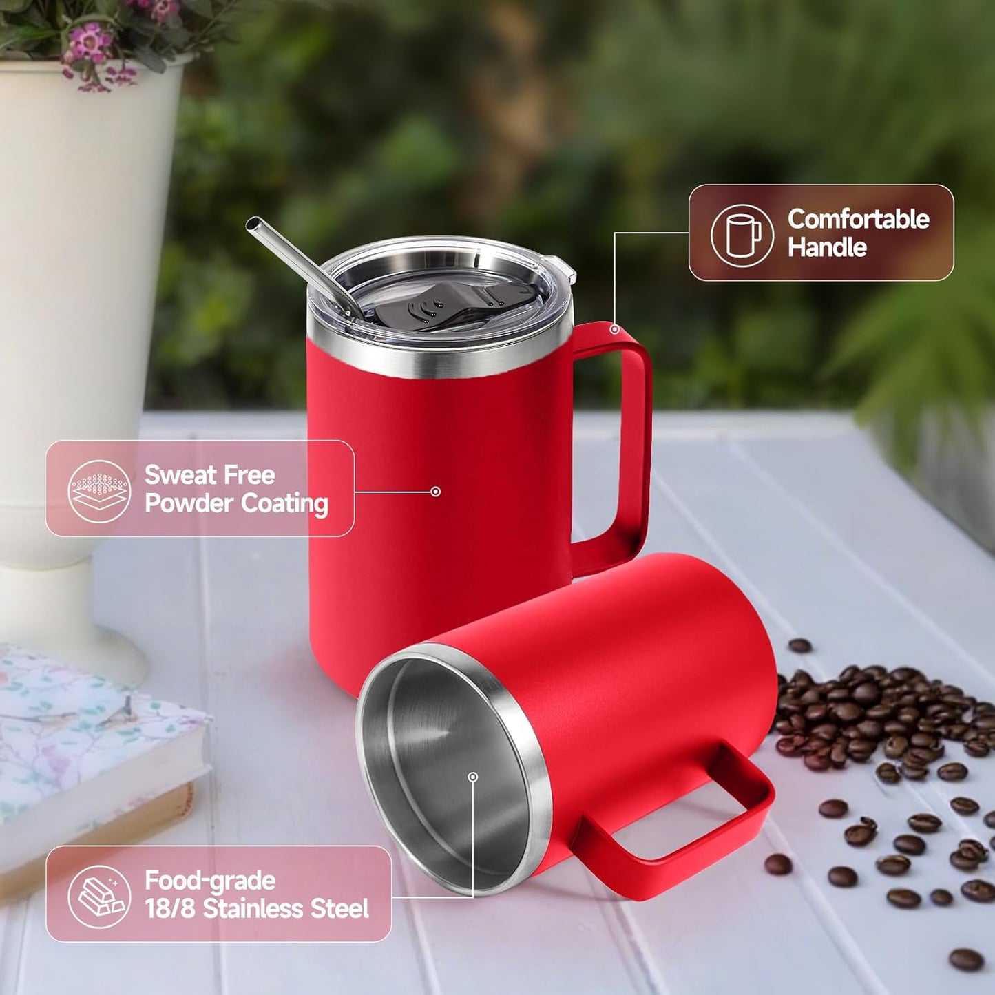 Volhoply 16oz Insulated Coffee Mug with Lid and Straw, Stainless Steel Travel Mugs with Handle, Double Wall Vacuum Leak Proof Coffee Tumbler Cup (White,1)