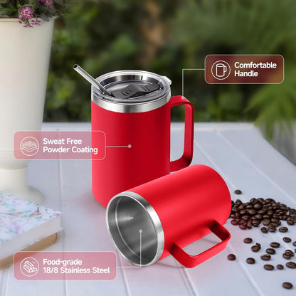 Volhoply 16oz Insulated Coffee Mug with Lid and Straw, Stainless Steel Travel Mugs with Handle, Double Wall Vacuum Leak Proof Coffee Tumbler Cup (White,1)