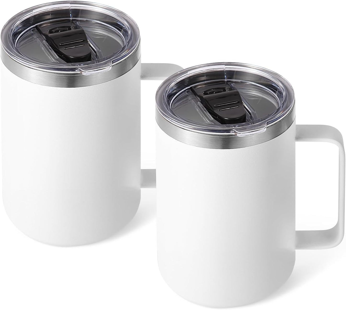 Volhoply 16oz Insulated Coffee Mug with Lid and Straw, Stainless Steel Travel Mugs with Handle, Double Wall Vacuum Leak Proof Coffee Tumbler Cup (White,1)