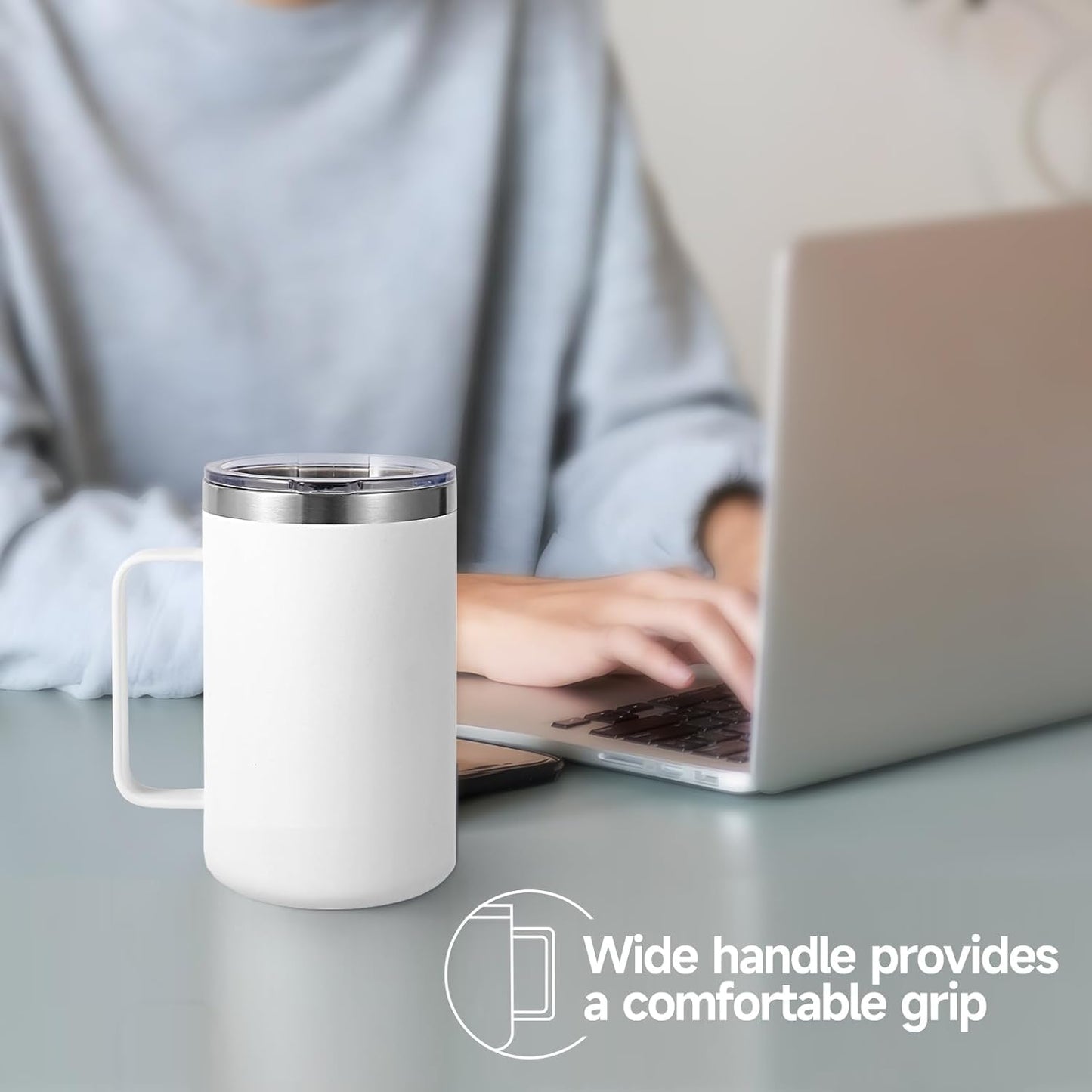 Volhoply 16oz Insulated Coffee Mug with Lid and Straw, Stainless Steel Travel Mugs with Handle, Double Wall Vacuum Leak Proof Coffee Tumbler Cup (White,1)