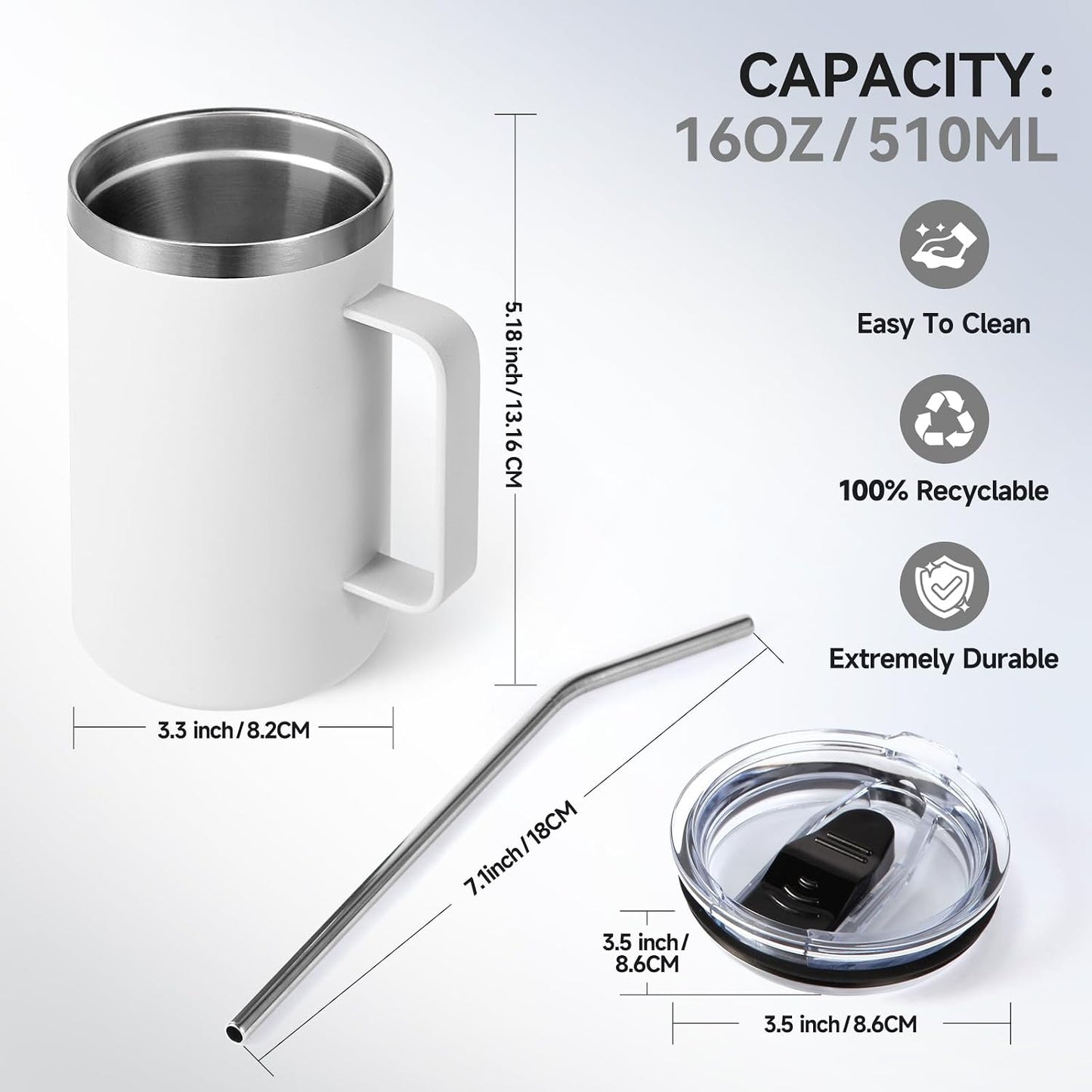 Volhoply 16oz Insulated Coffee Mug with Lid and Straw, Stainless Steel Travel Mugs with Handle, Double Wall Vacuum Leak Proof Coffee Tumbler Cup (White,1)
