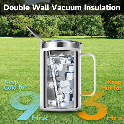 Volhoply 16oz Insulated Coffee Mug with Lid and Straw, Stainless Steel Travel Mugs with Handle, Double Wall Vacuum Leak Proof Coffee Tumbler Cup (White,1)