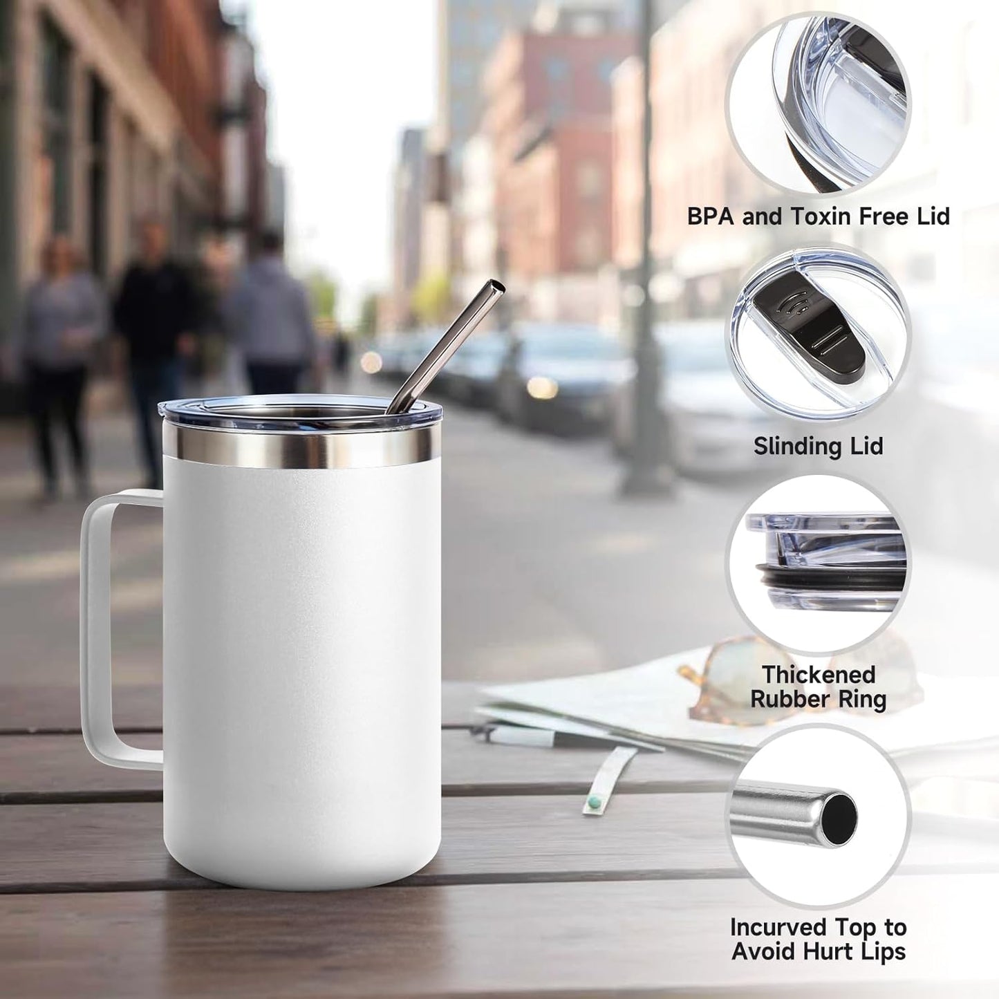 Volhoply 16oz Insulated Coffee Mug with Lid and Straw, Stainless Steel Travel Mugs with Handle, Double Wall Vacuum Leak Proof Coffee Tumbler Cup (White,1)