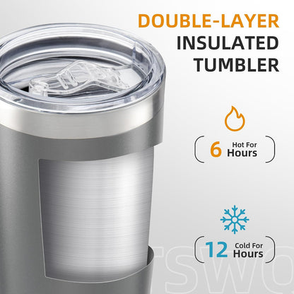 20 oz Tumbler with Lid Stainless Steel Insulated Tumblers, 1 Pack | Leak Proof Lid, Double Wall & Vacuum, Powder Coated, Fit Most Car Cup Holders, for Cold and Hot Drinks, Grey