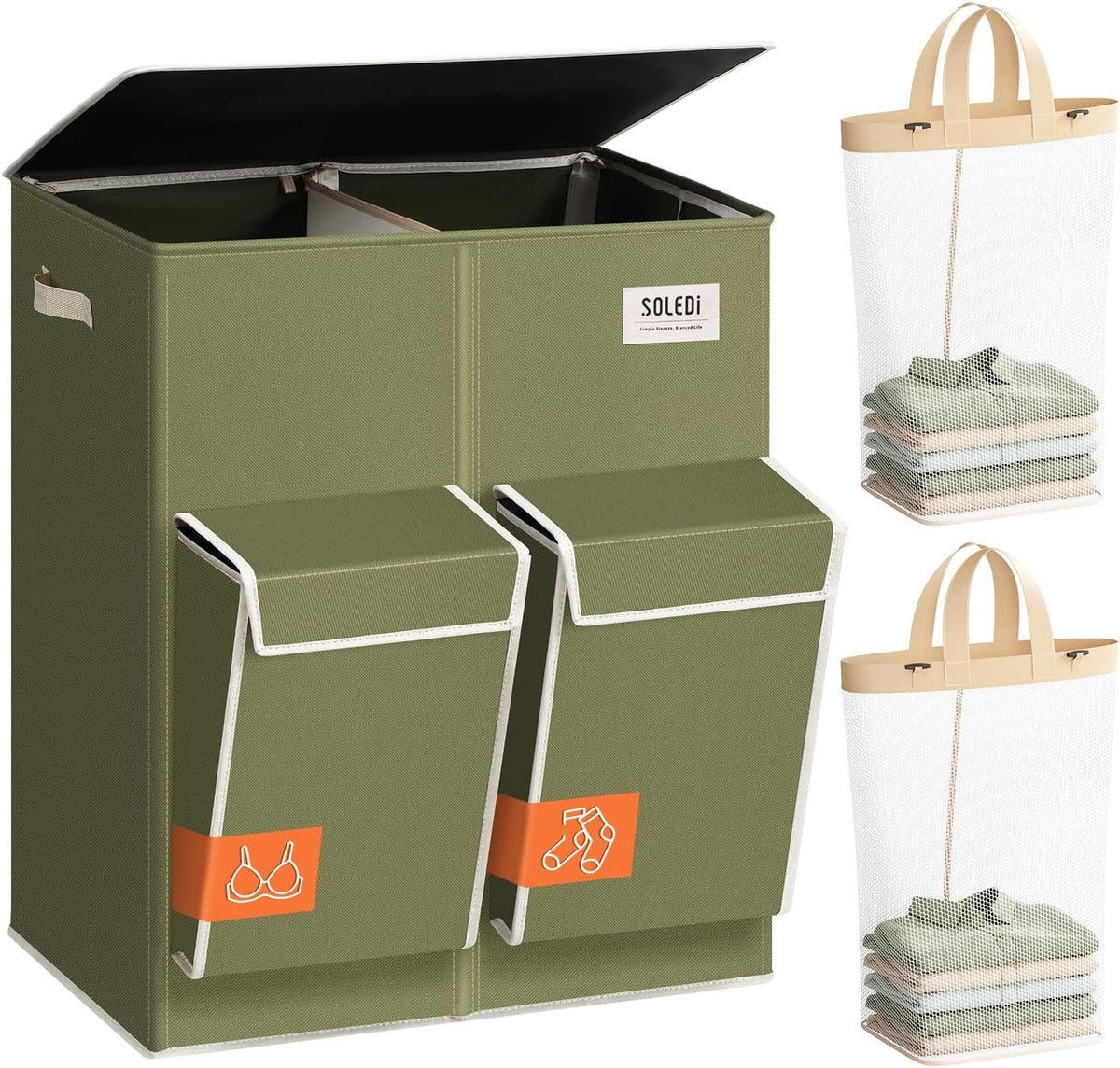 180L Double Laundry Hamper with Lid and 2 Side Pockets, Dual Hamper