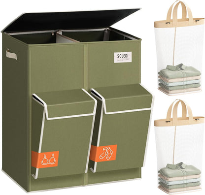 180L Double Laundry Hamper with Lid and 2 Side Pockets, Dual Hamper