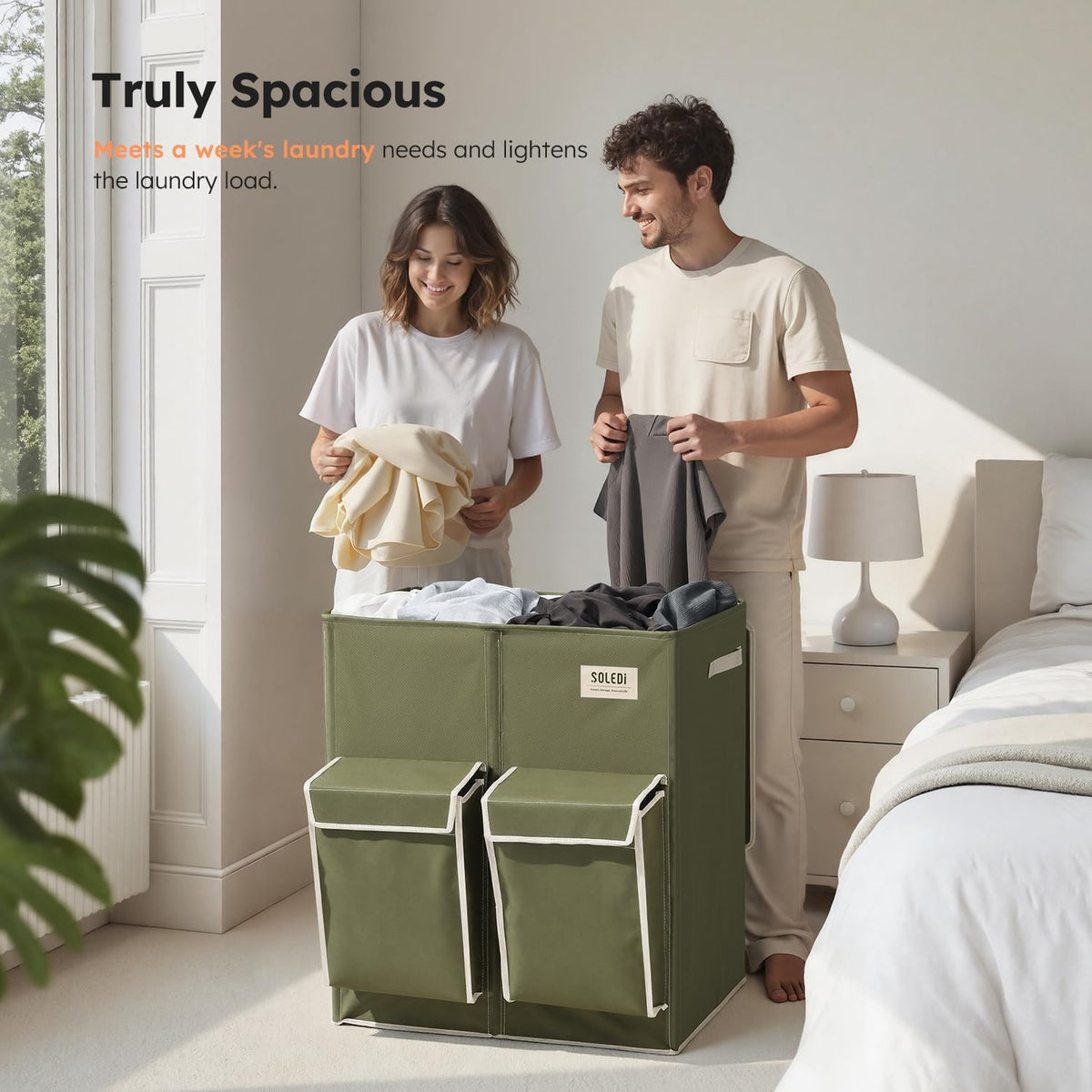 180L Double Laundry Hamper with Lid and 2 Side Pockets, Dual Hamper