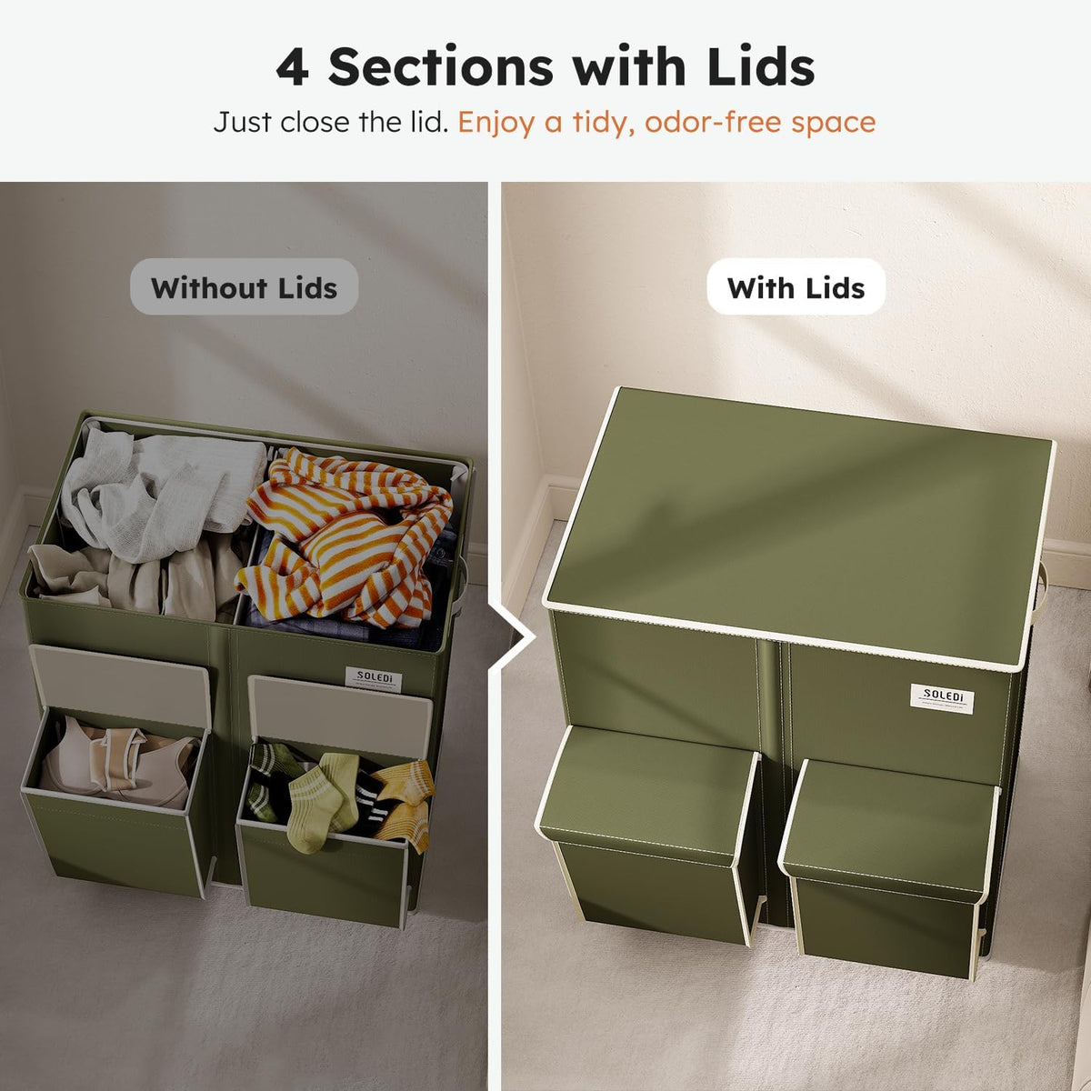 180L Double Laundry Hamper with Lid and 2 Side Pockets, Dual Hamper