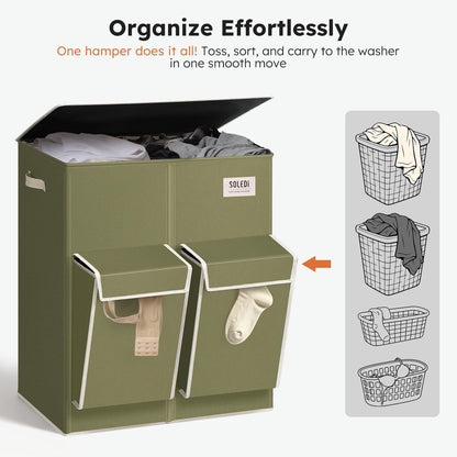 180L Double Laundry Hamper with Lid and 2 Side Pockets, Dual Hamper