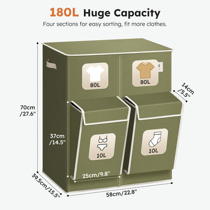 180L Double Laundry Hamper with Lid and 2 Side Pockets, Dual Hamper