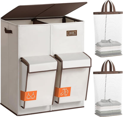 180L Double Laundry Hamper with Lid and 2 Side Pockets, Dual Hamper