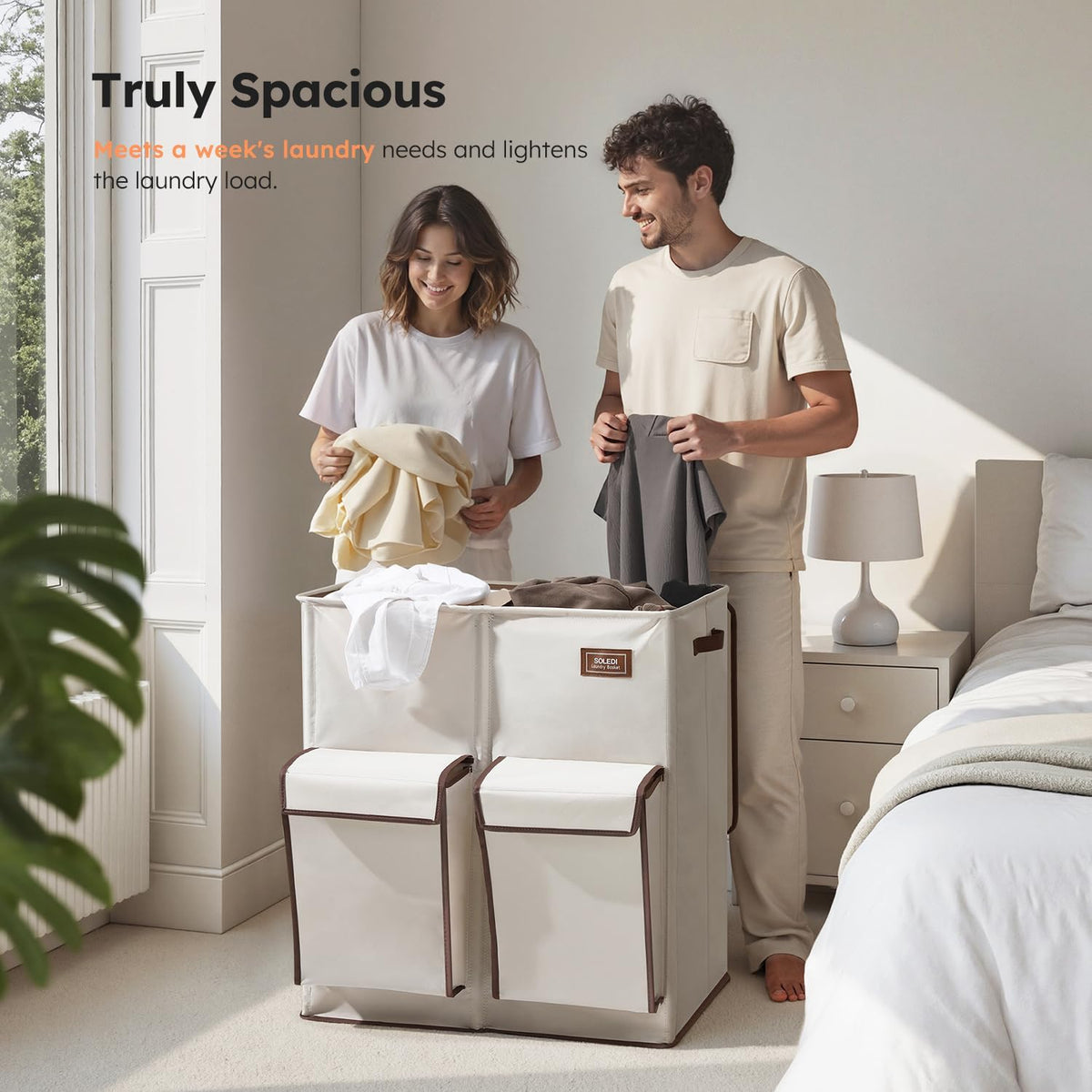 180L Double Laundry Hamper with Lid and 2 Side Pockets, Dual Hamper