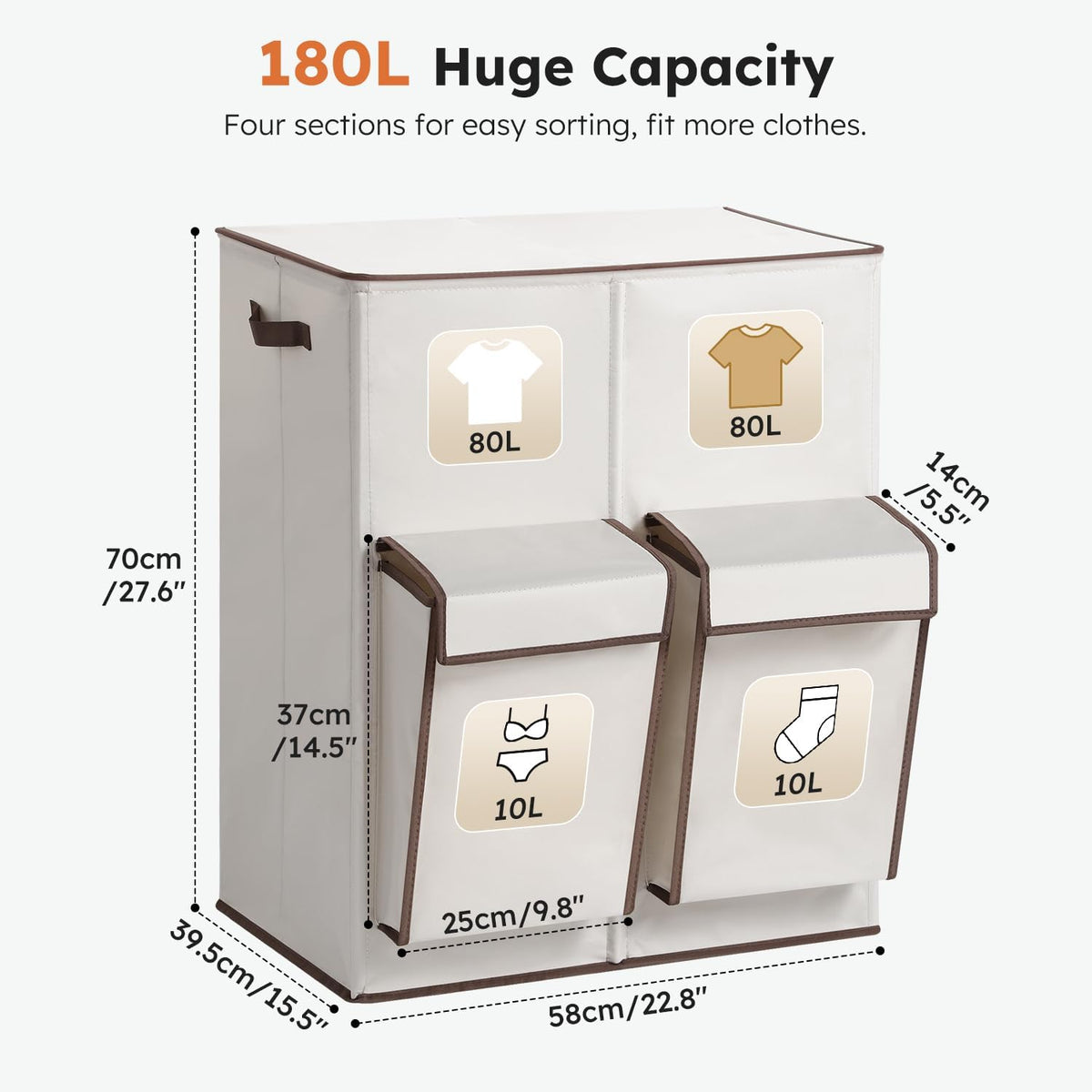 180L Double Laundry Hamper with Lid and 2 Side Pockets, Dual Hamper