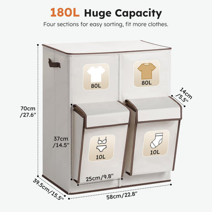 180L Double Laundry Hamper with Lid and 2 Side Pockets, Dual Hamper