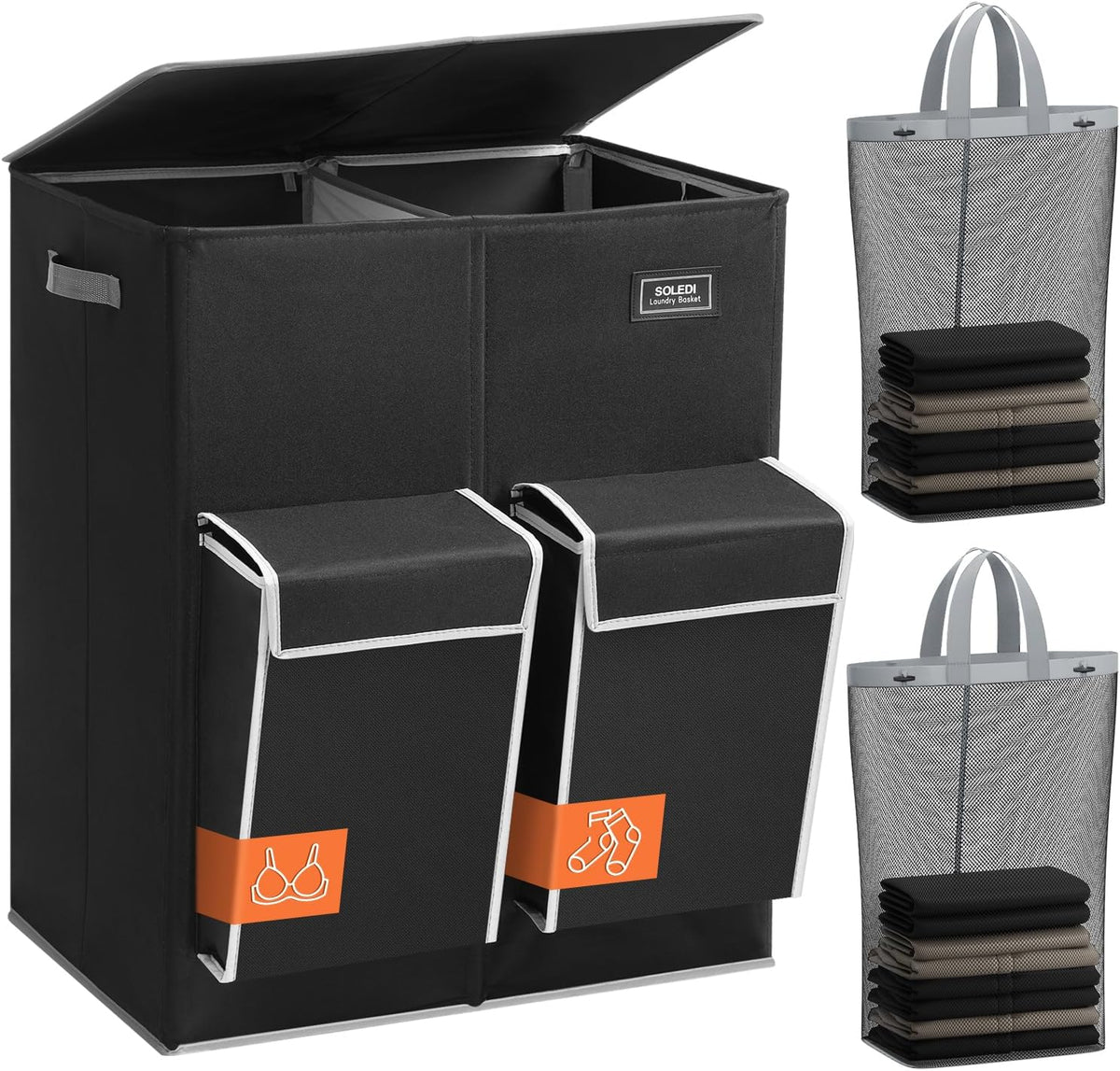 180L Double Laundry Hamper with Lid and 2 Side Pockets, Dual Hamper