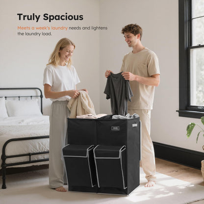 180L Double Laundry Hamper with Lid and 2 Side Pockets, Dual Hamper