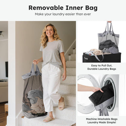 180L Double Laundry Hamper with Lid and 2 Side Pockets, Dual Hamper