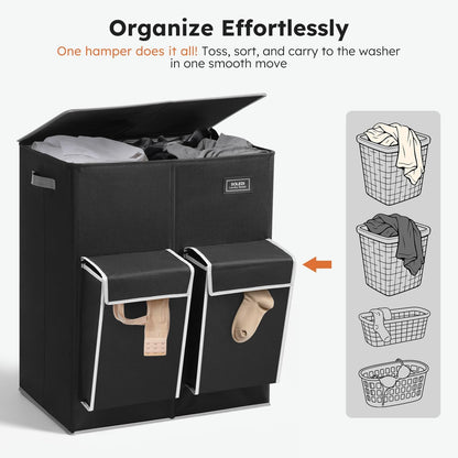 180L Double Laundry Hamper with Lid and 2 Side Pockets, Dual Hamper