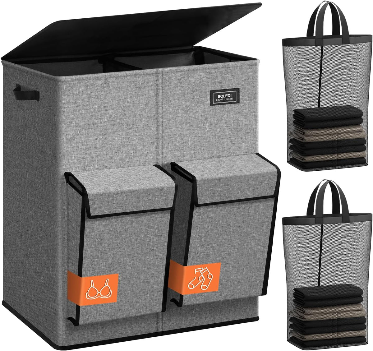 180L Double Laundry Hamper with Lid and 2 Side Pockets, Dual Hamper