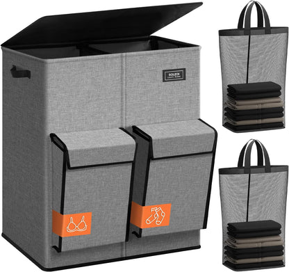 180L Double Laundry Hamper with Lid and 2 Side Pockets, Dual Hamper