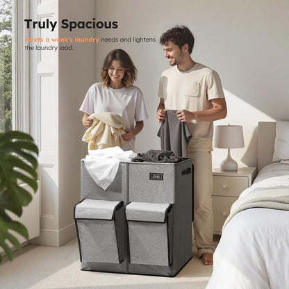 180L Double Laundry Hamper with Lid and 2 Side Pockets, Dual Hamper