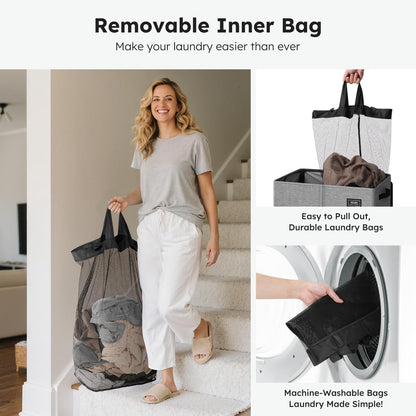 180L Double Laundry Hamper with Lid and 2 Side Pockets, Dual Hamper