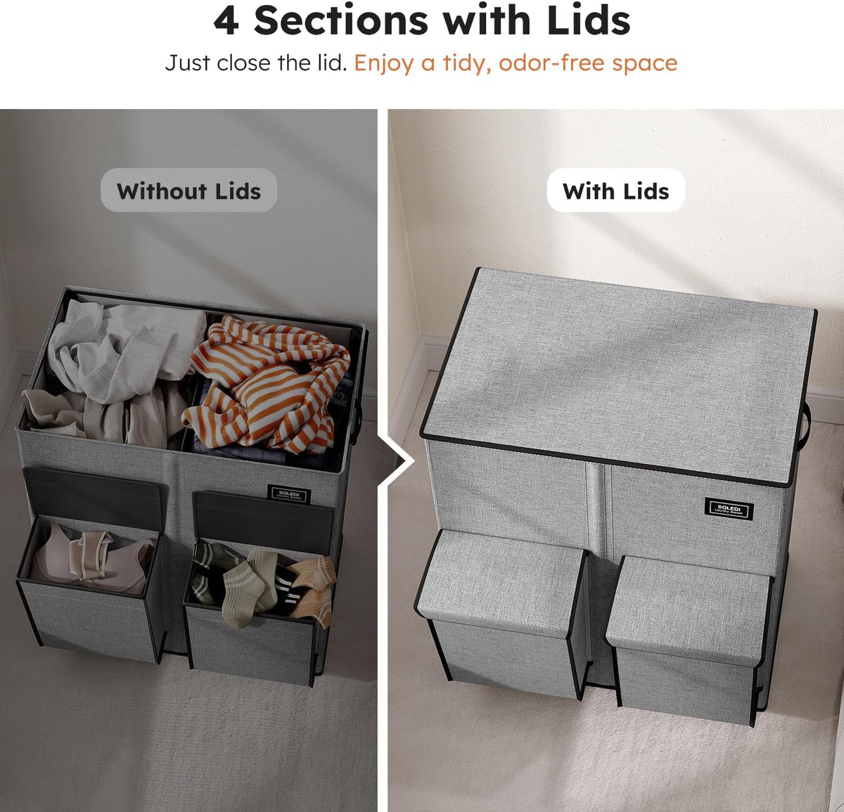 180L Double Laundry Hamper with Lid and 2 Side Pockets, Dual Hamper