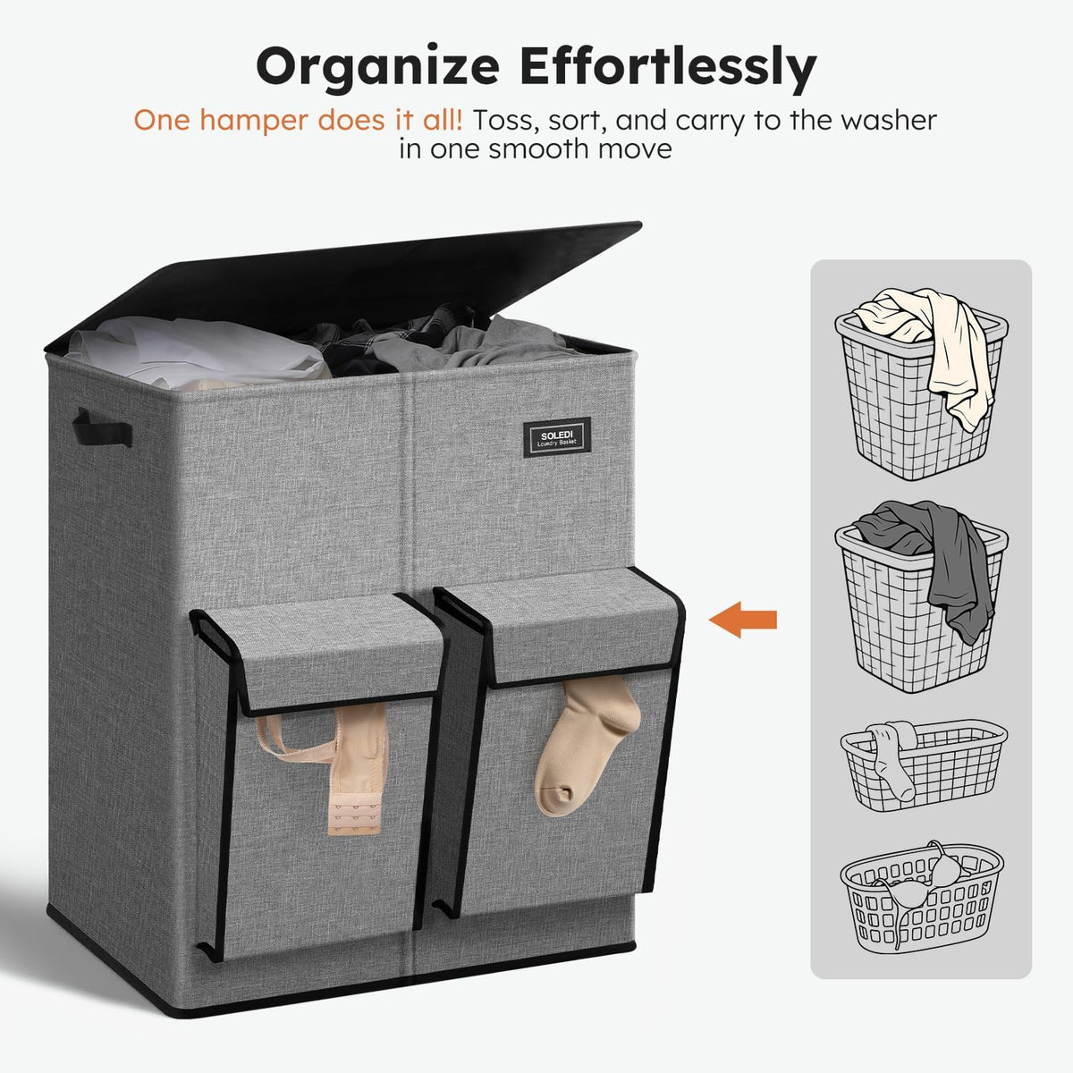 180L Double Laundry Hamper with Lid and 2 Side Pockets, Dual Hamper
