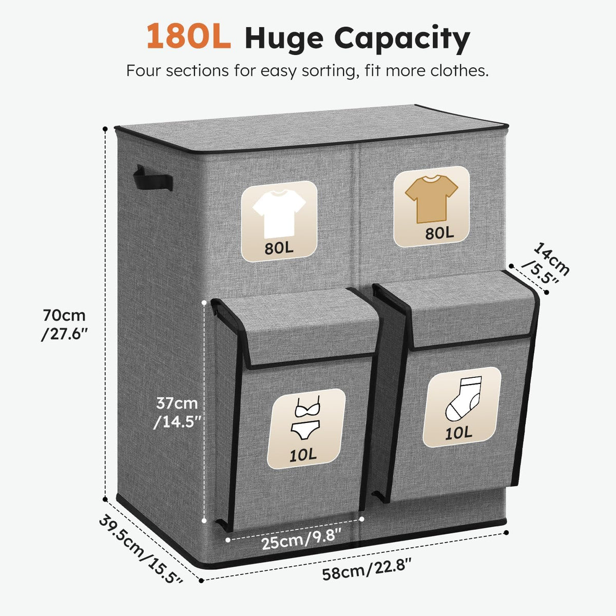 180L Double Laundry Hamper with Lid and 2 Side Pockets, Dual Hamper