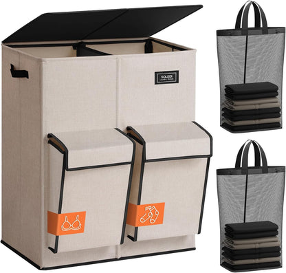 180L Double Laundry Hamper with Lid and 2 Side Pockets, Dual Hamper