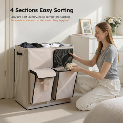180L Double Laundry Hamper with Lid and 2 Side Pockets, Dual Hamper