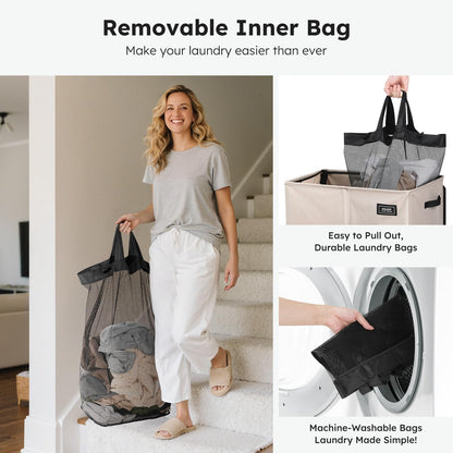 180L Double Laundry Hamper with Lid and 2 Side Pockets, Dual Hamper