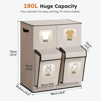 180L Double Laundry Hamper with Lid and 2 Side Pockets, Dual Hamper