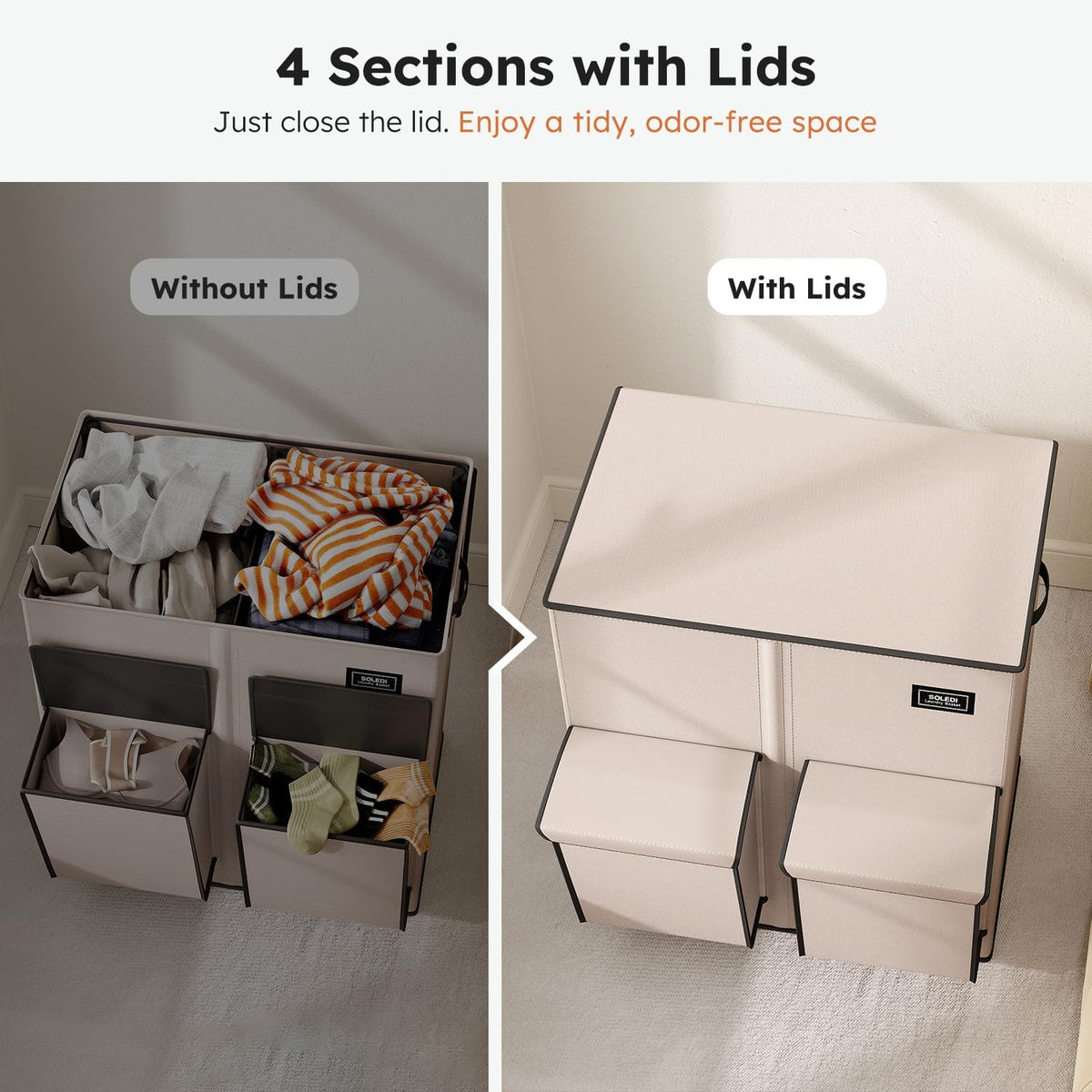 180L Double Laundry Hamper with Lid and 2 Side Pockets, Dual Hamper