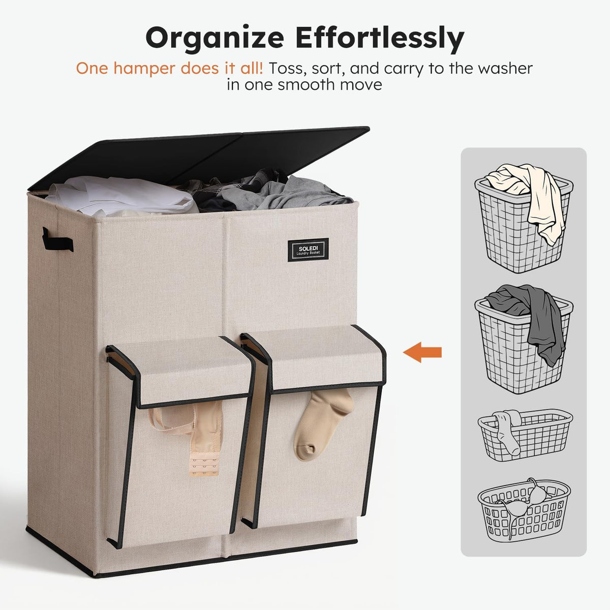 180L Double Laundry Hamper with Lid and 2 Side Pockets, Dual Hamper