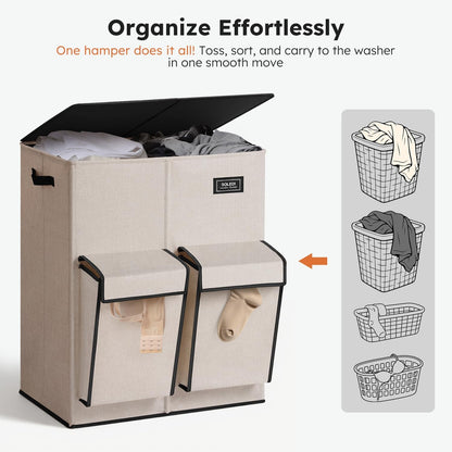 180L Double Laundry Hamper with Lid and 2 Side Pockets, Dual Hamper